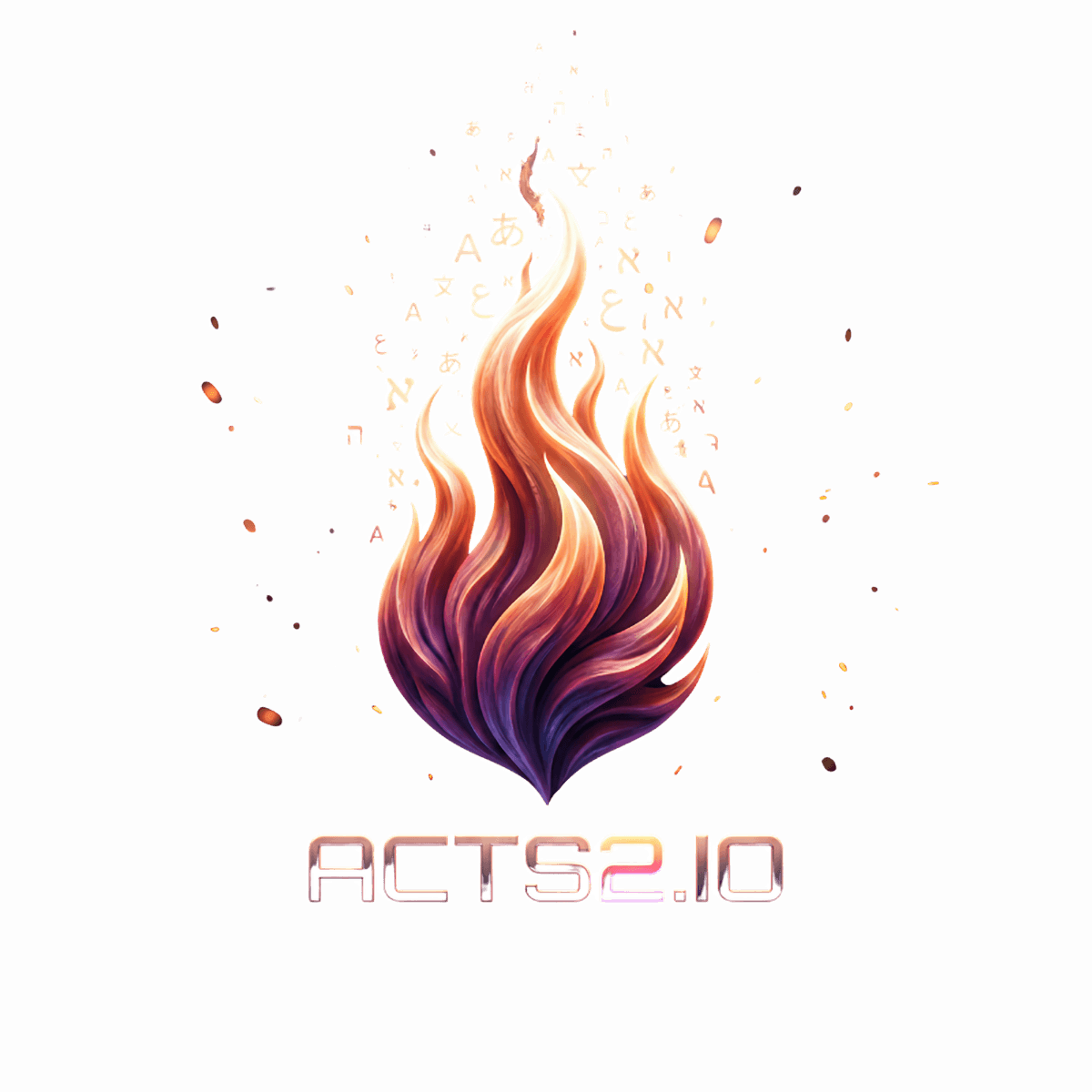 Acts 2 — llama con letras de varios alfabetos ascendiendo